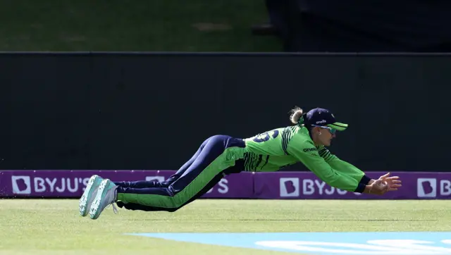 Gaby Lewis of Ireland takes a catch to dismiss Richa Ghosh of India during the ICC Women's T20 World Cup group B match between India and Ireland at St George's Park