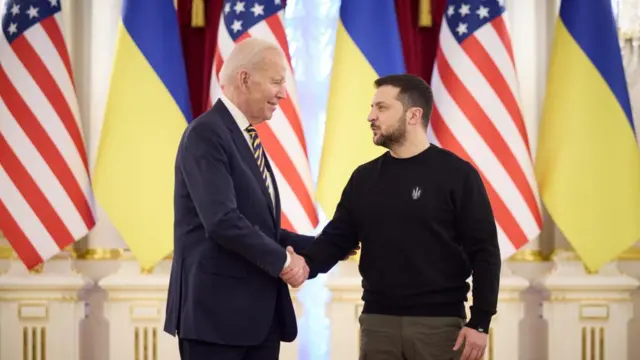 President of Ukraine of President Volodymyr Zelensky welcoming US President Joe Biden to Kyiv, Ukrain