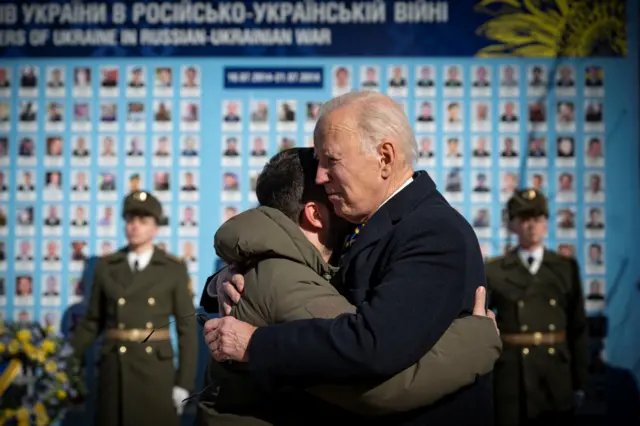 U.S. President Joe Biden embraces Ukraine's President Volodymyr Zelenskiy