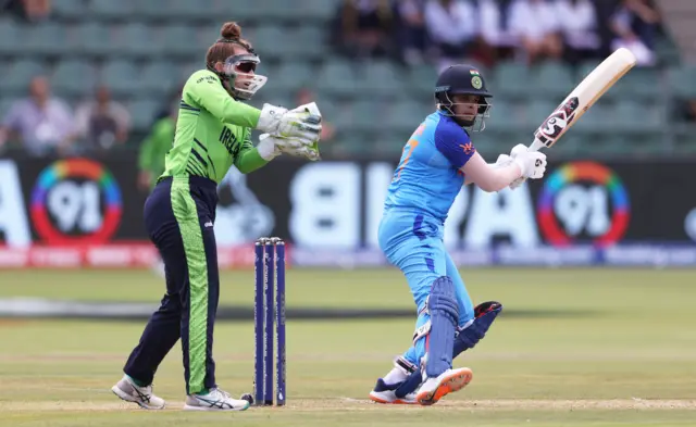 Shafali Verma of India plays a shot against Ireland