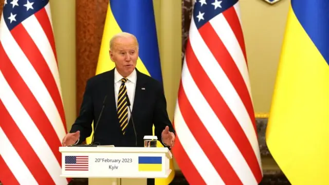 US President Joe Biden speaks during a joint press conference