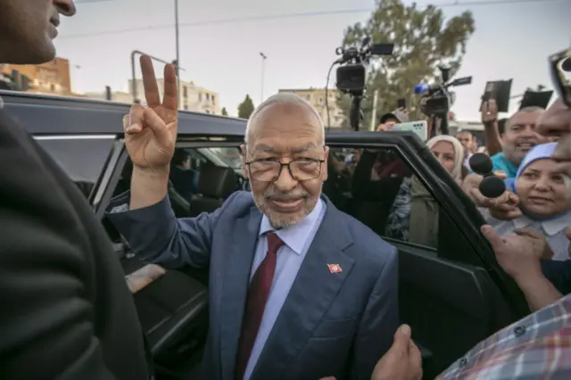 Rached Ghannouchi departs the Tunisia National Center for Investigation of Terrorist Crimes after giving a statement in the capital Tunis, Tunisia on September 21, 2022