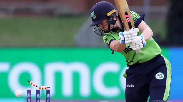 Orla Prendergast is bowled by Renuka Singh Thakur