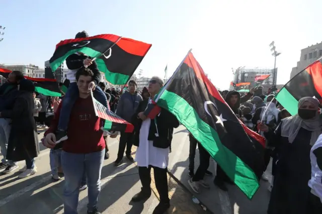 Libyans gather at the Martyrs' Square in Libya's capital Tripoli on February 17, 2023