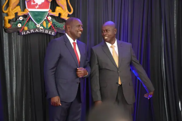 President William Ruto (L) and deputy president Rigathi Gachagua seen during the swearing-in ceremony of new cabinet secretaries at State House in Nairobi.