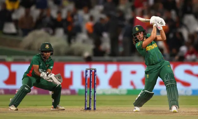 Tazmin Brits of South Africa plays a shot during the ICC Women's T20 World Cup group A match between South Africa and Bangladesh at Newlands Stadium