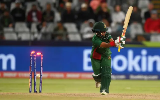 Fargana Hoque Pinky of Bangladesh is bowled by Ayabonga Khaka of South Africa during the ICC Women's T20 World Cup group A match between South Africa and Bangladesh at Newlands Stadium