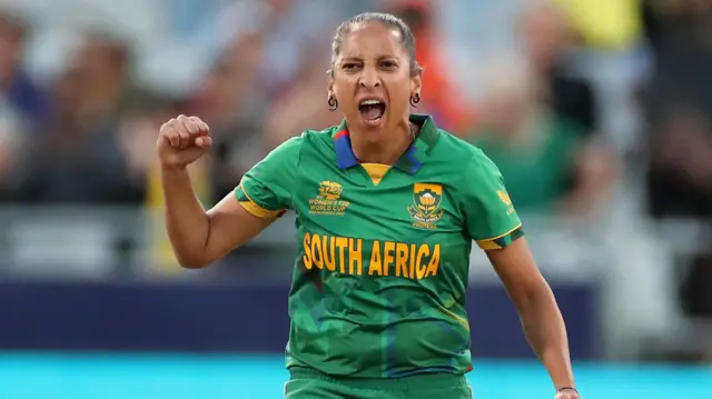 Shabnim Ismail of South Africa celebrates taking a wicket against Bangladesh