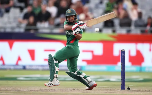 Sobhana Mostary of Bangladesh plays a shot during the ICC Women's T20 World Cup group A match between South Africa and Bangladesh at Newlands Stadium