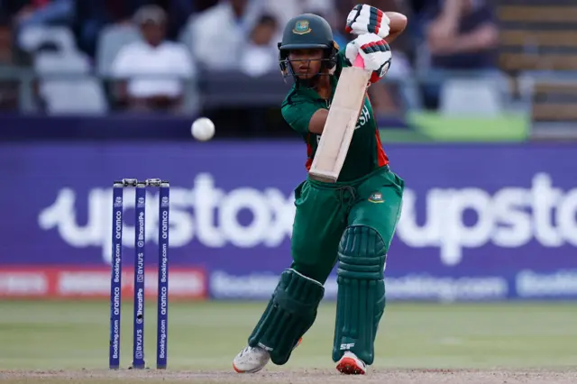 Bangladesh's Sobhana Mostary plays a shot during the Group A T20 women's World Cup cricket match between South Africa and Bangladesh at Newlands Stadium in Cape Town