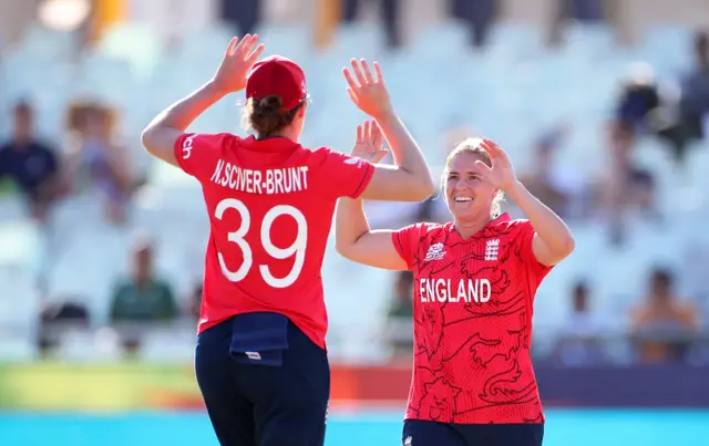 Katherine Sciver-Brunt and Nat Sciver-Brunt of England celebrates the wicket of Sidra Nawaz of Pakistan during the ICC Women's T20 World Cup group B match between England and Pakistan at Newlands Stadium