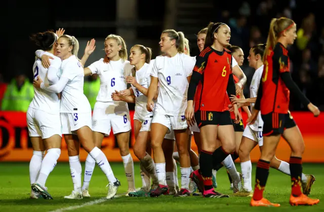 England celebrate their second goal