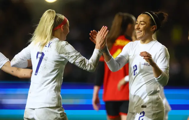 Lucy Bronze and Chloe Kelly celebrate Lucy Bronze's goal.