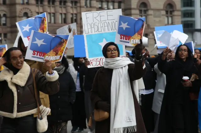 Demonstrators gather in Toronto, Ontario, Canada, on February 19, 2023 to protest the violence in Somalia's breakaway region of Somaliland.