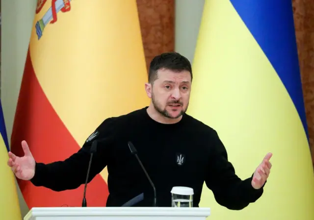 Ukraine's President Volodymyr Zelensky speaking at a news conference in Kyiv