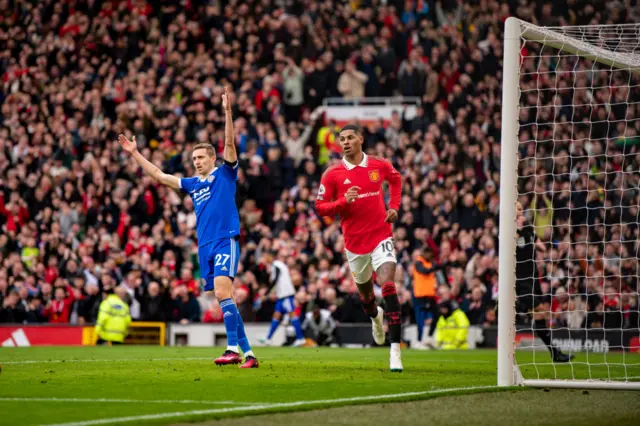 Marcus Rashford celebrates after scoring against Leicester.