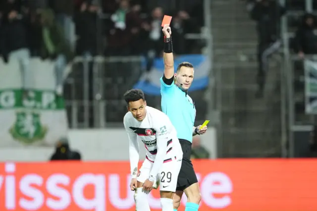 Midtjylland Paulinho shown a red card.