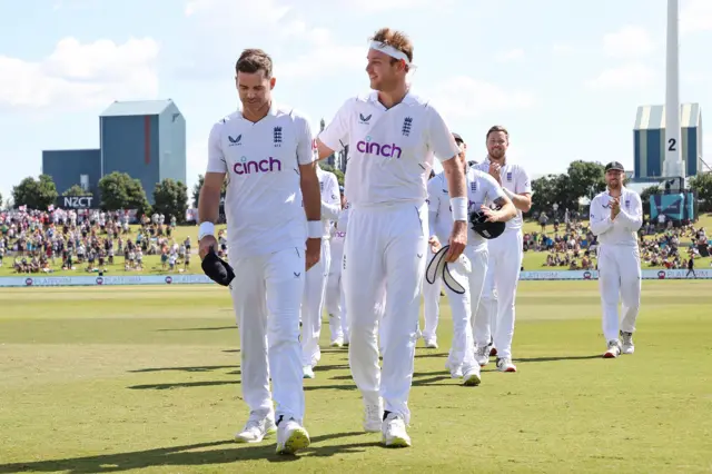 England's James Anderson and Stuart Broad after Test win v New Zealand