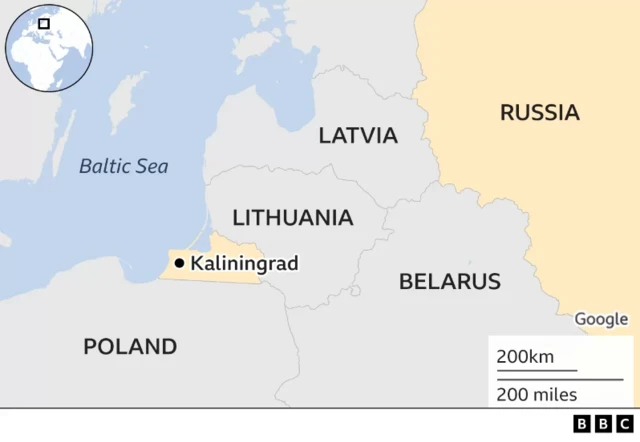 Map showing location of Kaliningrad, bordered by Lithuania to the north and east, and Poland to the south