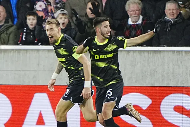 Sebastian Coates and Goncalo Inacio celebrate the opening goal.