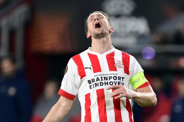 Luuk de Jong of PSV Eindhoven reacts.