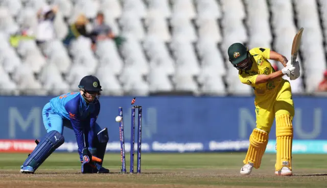 Australia's Meg Lanning is bowled by India's Deepti Sharma