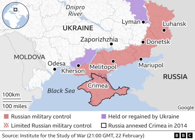 Map showing which areas of south and east Ukraine are under Russian military control, limited Russian control, and territory held or regained by Ukraine.