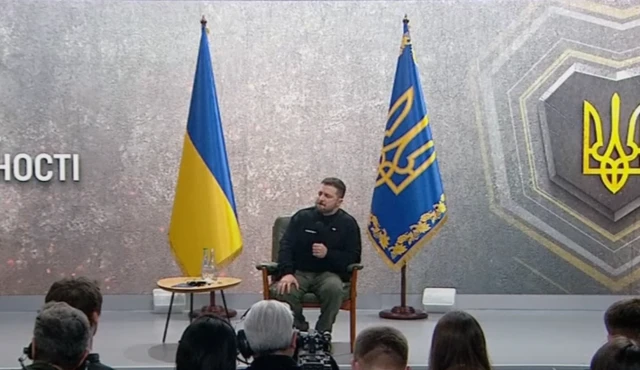 Volodymyr Zelensky speaks to journalists in Kyiv