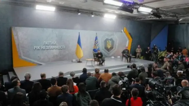 Ukrainian President Volodymyr Zelensky responds to a question during a press conference in Kyiv