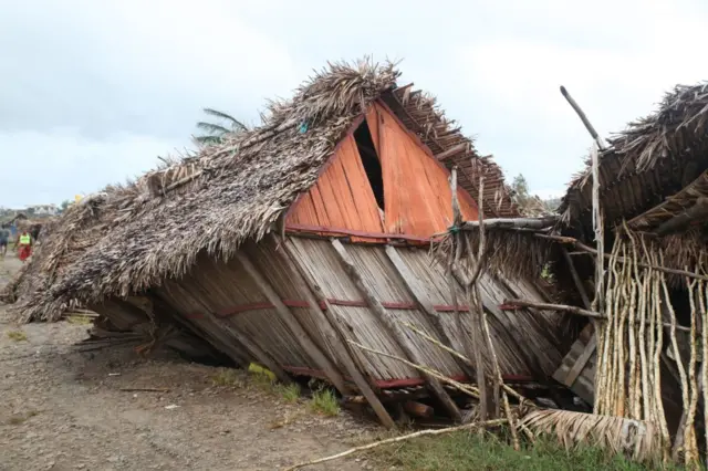 This image shows a traditional house of the east coast of Madagascar destroyed in the aftermath of cyclone Freddy in Mananjary on February 23, 2023.