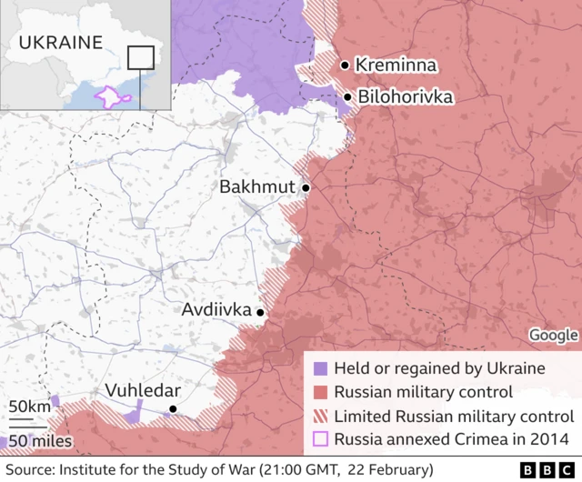 Map showing where the current fighting is concentrated - in the east of Ukraine