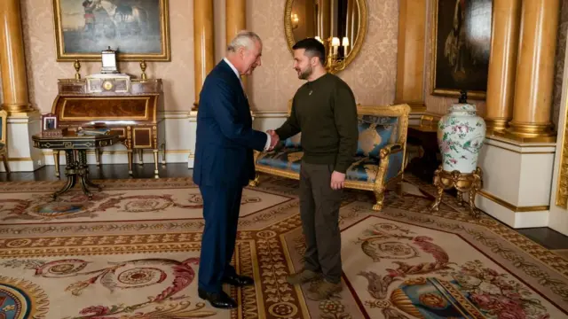 King Charles III holds an audience with Ukrainian President Volodymyr Zelensky at Buckingham Palace, L