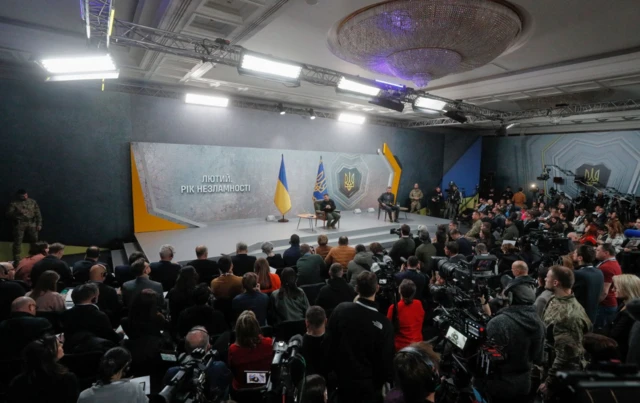 Ukrainian President Volodymyr Zelensky responds to a question during a press conference in Kyiv, Ukraine, 24 February 2023. Zelensky spoke with media during a press conference on the fist anniversary of the Russian invasion.