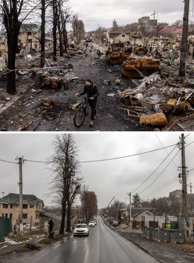 TOP: Vokzal'na Street in Bucha 6 April, 2022  BOTTOM: Vokzal'na Street inBucha 1 Februray, 2023