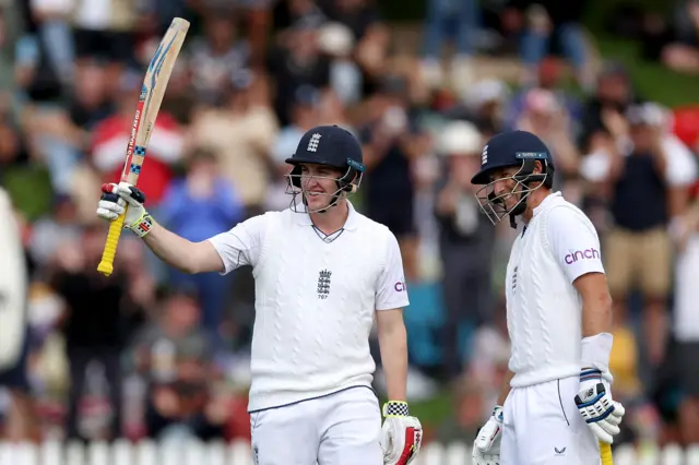 England's Harry Brook celebrates reaching 150 v New Zealand