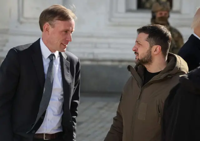 Jake Sullivan (left) speaking to Ukraine’s President Zelenksy during US President Biden’s surprise visit to Kyiv this week