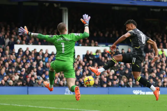 Everton goalkeeper Jordan Pickford denies Aston Villa striker Ollie Watkins