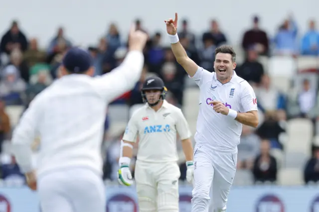 England's James Anderson celebrates the wicket of New Zealand's Kane Williamson