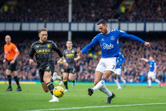Dwight McNeil of Everton crosses against Aston Villa
