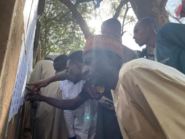 Voters looking at lists in Yola, Nigeria