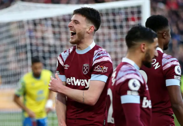 West Ham captain Declan Rice celebrates scoring against Nottingham Forest
