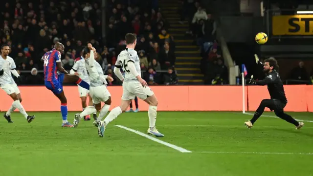 Jean-Phillippe Mateta hits the bar for Crystal Palace