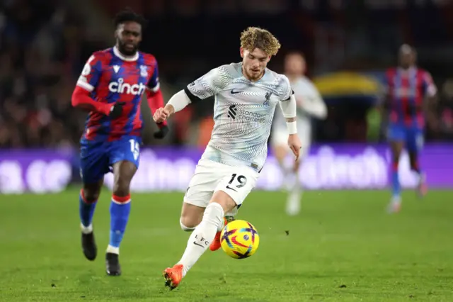 Harvey Elliott runs with the ball during the Premier League match between Crystal Palace and Liverpool