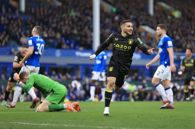Emi Buendia of Aston Villa celebrates scoring against Everton