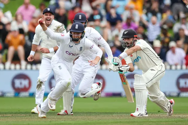 England's Ollie Pope celebrates after taking a brilliant catch v New Zealand