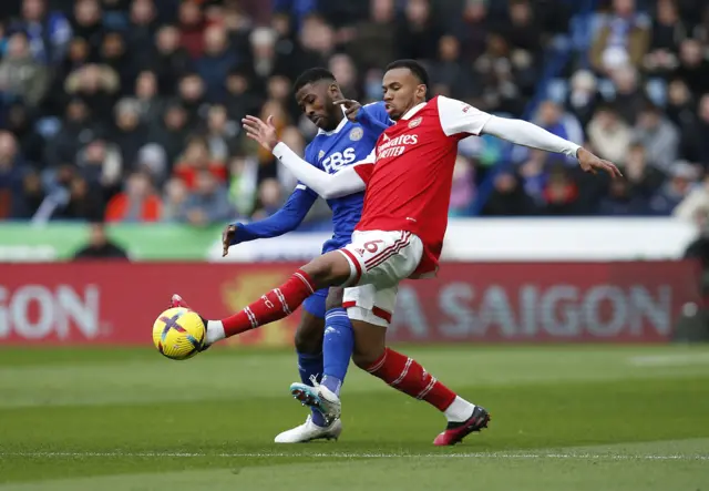Arsenal's Gabriel in action with Leicester City's Kelechi Iheanacho