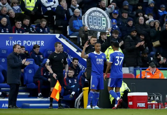 Leicester City's Youri Tielemans comes on as a substitute to replace Mateus Tete