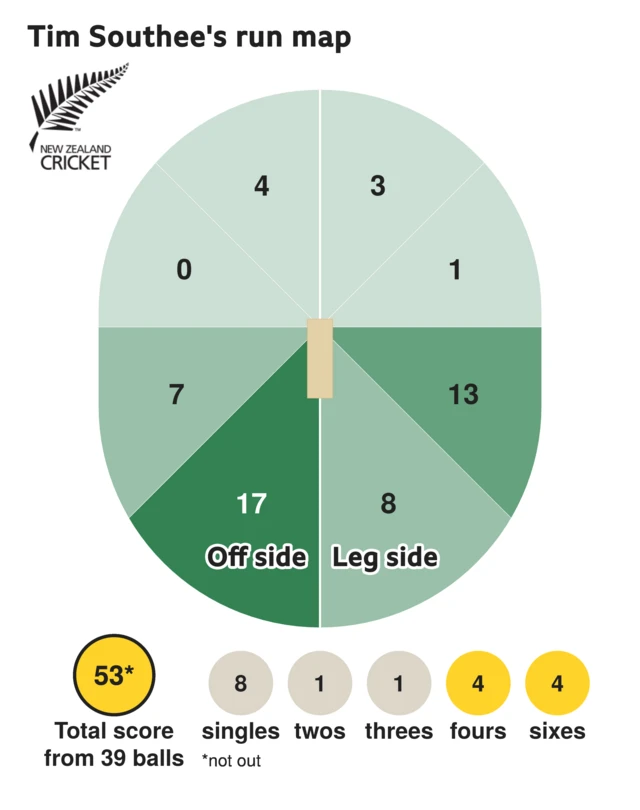 The run map shows Tim Southee scored 53 with 4 sixes, 4 fours, 1 three, 1 two, and 8 singles for New Zealand