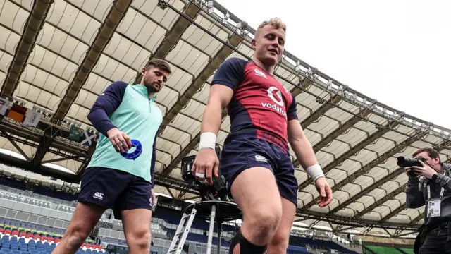 Ross Byrne and Craig Casey during Ireland's captain's run in Rome on Friday