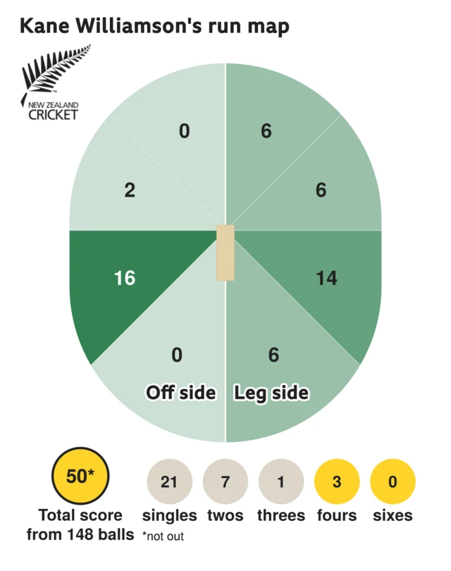 The run map shows Kane Williamson scored 50 with 3 fours, 1 three, 7 twos, and 21 singles for New Zealand